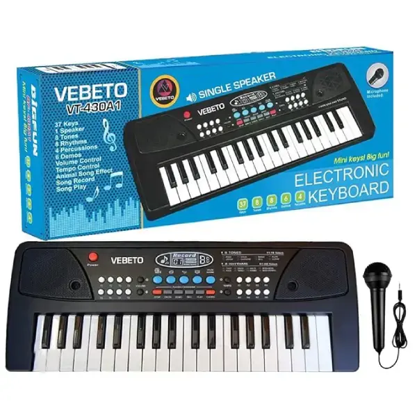 VEBETO Kids Piano Keyboard with Mic (1 Year Warranty) 37 Keys 8 Rhythms 8 Tones 6 Demos Portable Electronic Keyboard Toy Beginners