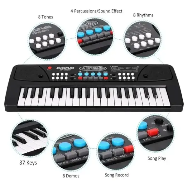 VEBETO Kids Piano Keyboard with Mic (1 Year Warranty) 37 Keys 8 Rhythms 8 Tones 6 Demos Portable Electronic Keyboard Toy Beginners