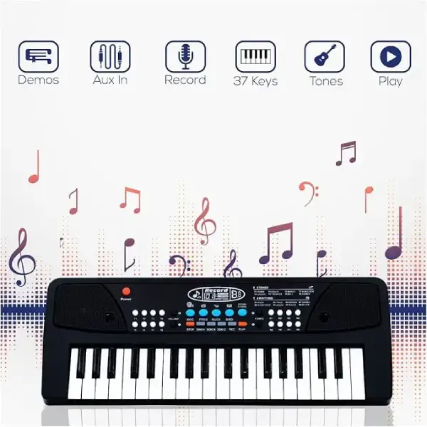 VEBETO Kids Piano Keyboard with Mic (1 Year Warranty) 37 Keys 8 Rhythms 8 Tones 6 Demos Portable Electronic Keyboard Toy Beginners