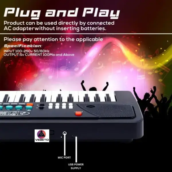 VEBETO Kids Piano Keyboard with Mic (1 Year Warranty) 37 Keys 8 Rhythms 8 Tones 6 Demos Portable Electronic Keyboard Toy Beginners