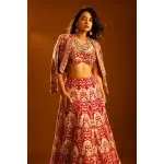 SEASONS-RED CLASSIC BRIDAL LEHENGA SET WITH ALL OVER PATTERNED THREAD WORK PAIRED WITH A MATCHING CROPPED JACKET AND SEQUIN DETAILS.