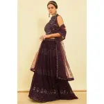 Soch-Wine Sequins Embellished Georgette Lehenga Choli with Dupatta