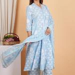 Women's Cotton Calf Length V-Neck Botanical Print Regular Fitted Anarkali Kurta