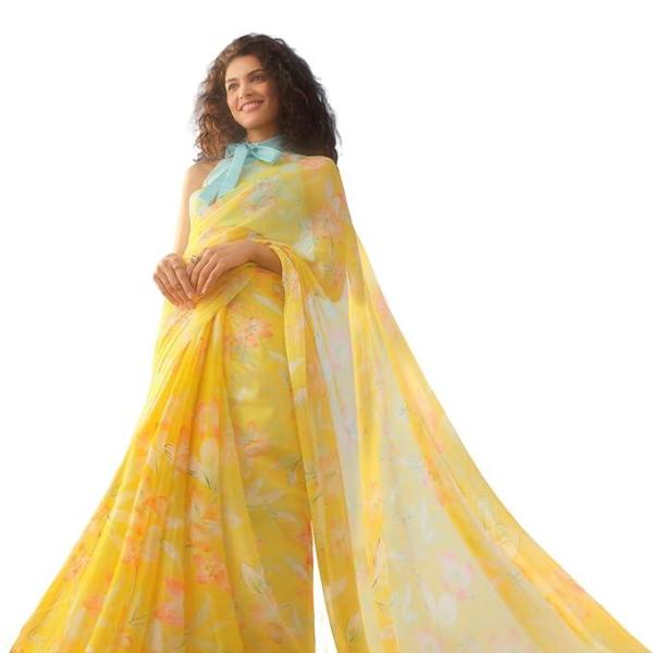 Floral Print Nara Chiffon Yellow Saree